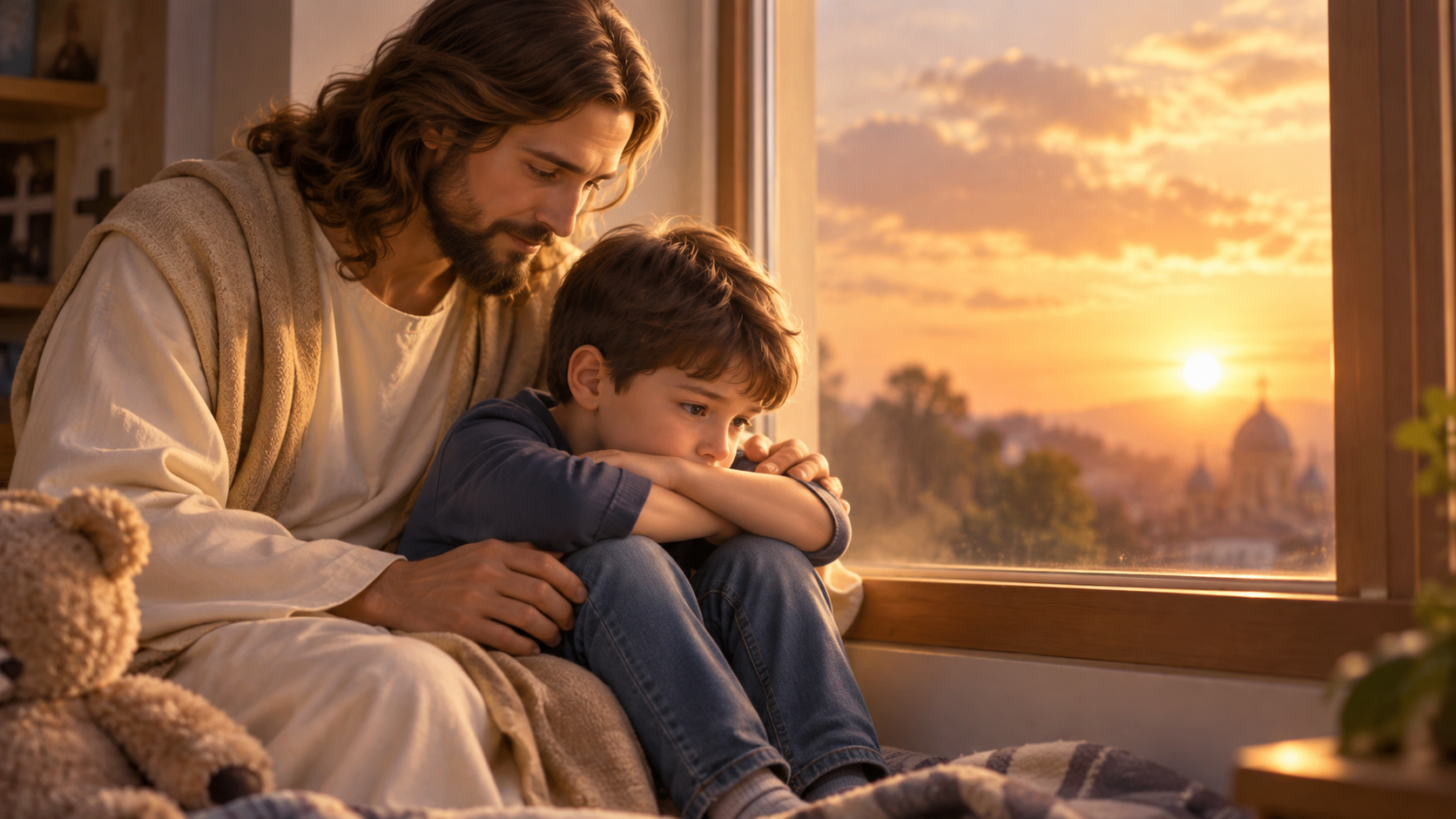 Niño triste hablando con Jesús mediante una oración sencilla junto a una ventana